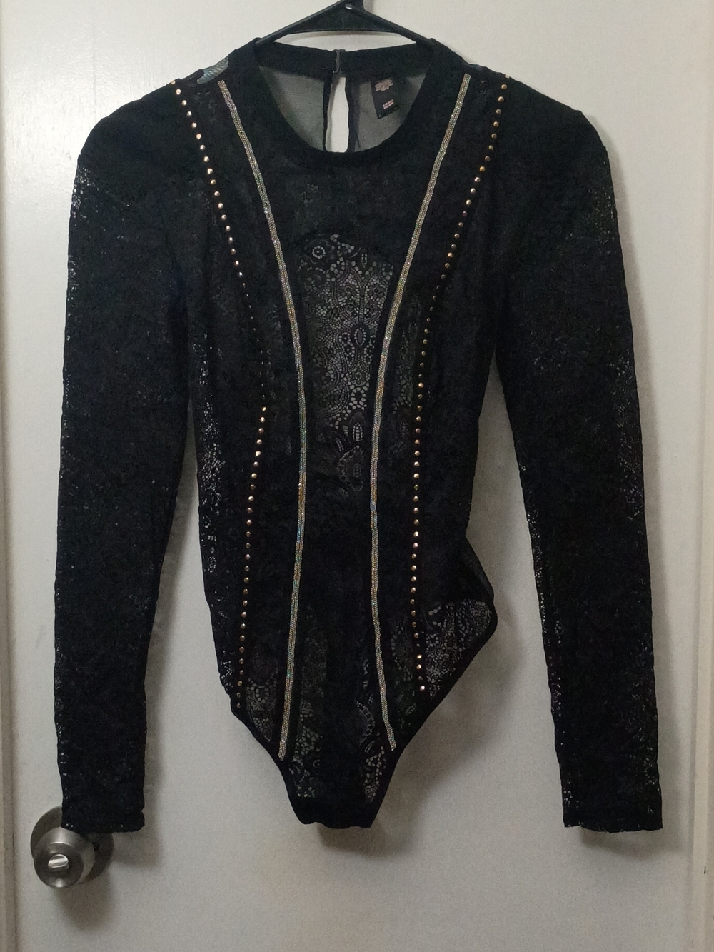 Victoria's Secret Black Lace Long-Sleeve Stud-Trim Bodysuit